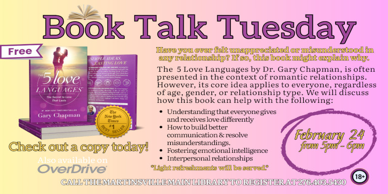 IMG: Display of books, "5 love Languages: TXT: Summary Book Talk Tuesday about the 5 languages of love. Check out a copy from the library or our ebook selection on over drive.